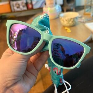 Goodr brand Mint Green Sunglasses with Purple Lenses